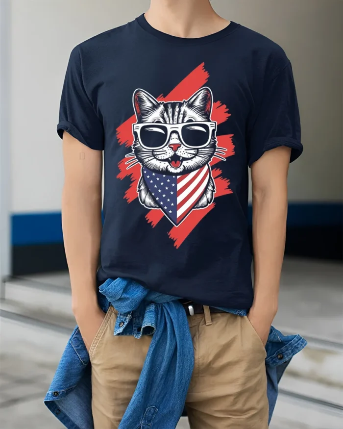 Patriotic American Flag Cat Graphic T-Shirt - model wearing navy shirt, hands in pockets