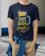Save Water Drink Beer Funny Graphic T-Shirt - model wearing navy shirt, hands in pockets