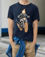 Flaming Skull Rider Motorcycle Graphic T-Shirt - model wearing navy shirt, hands in pockets