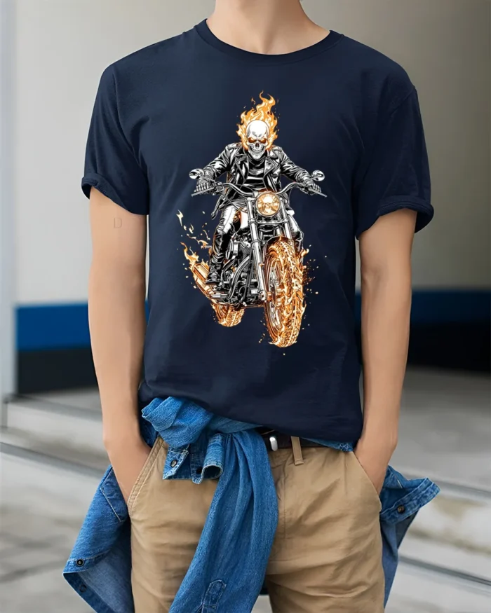 Flaming Skull Rider Motorcycle Graphic T-Shirt - model wearing navy shirt, hands in pockets