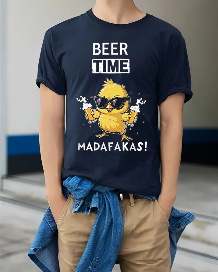 Beer Time Funny Chick Drinking Graphic T-Shirt - model wearing navy shirt, hands in pockets