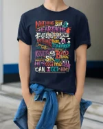 Colorful Retro Typography Graphic Quote T-Shirt - model wearing navy shirt, hands in pockets
