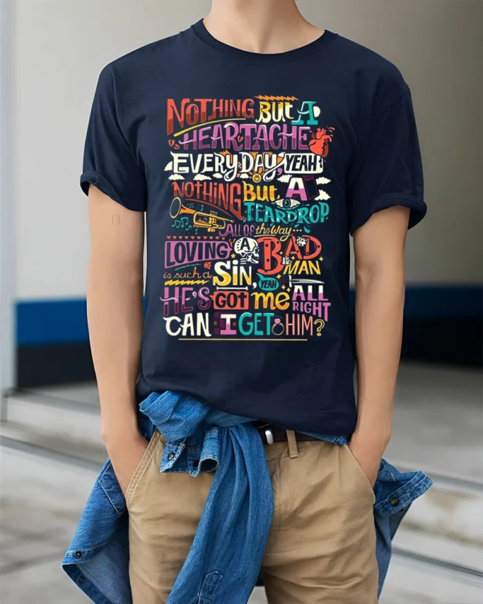 Colorful Retro Typography Graphic Quote T-Shirt - model wearing navy shirt, hands in pockets