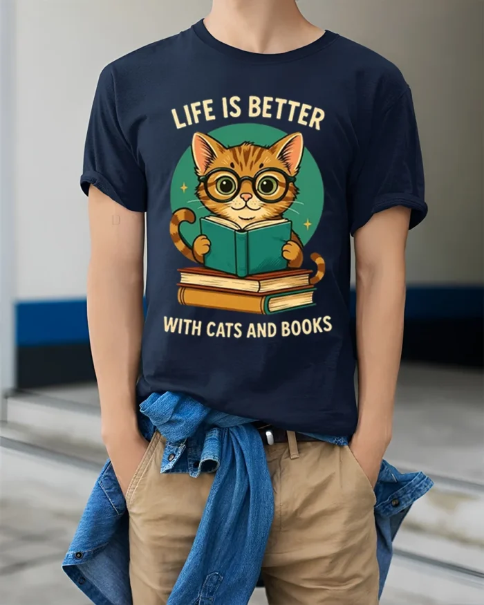 Life Is Better With Cats And Books T-Shirt - model wearing navy shirt, hands in pockets