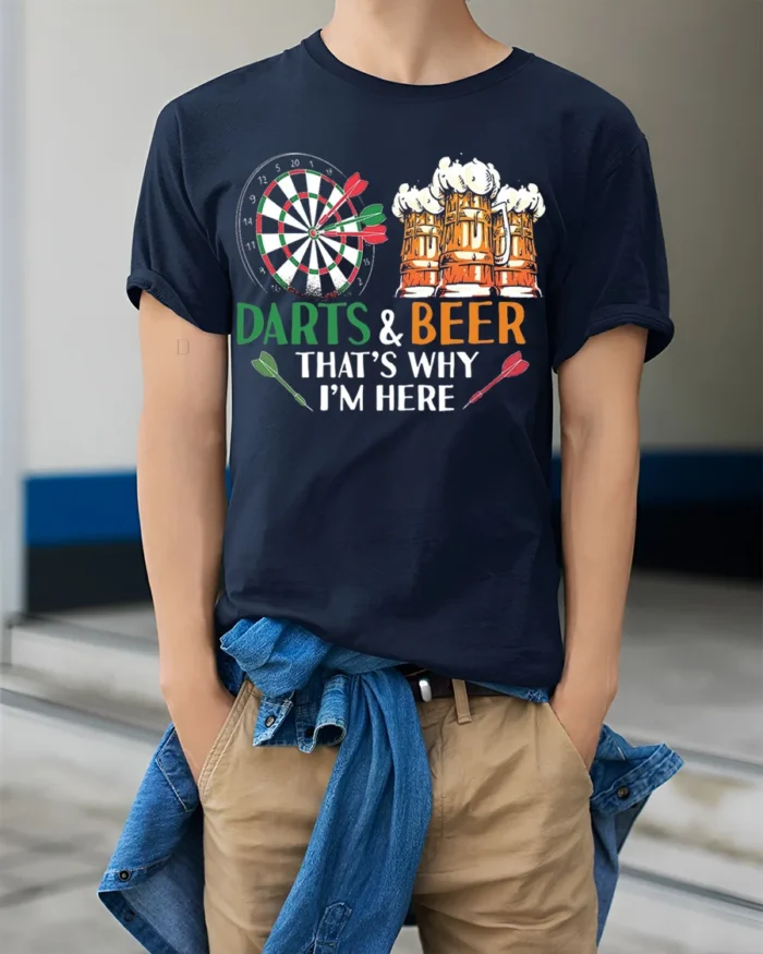 Darts and Beer Funny Pub Night Graphic T-Shirt - model wearing navy shirt, hands in pockets