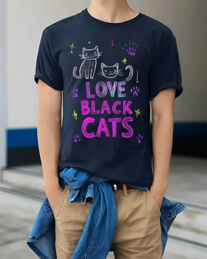 Love Black Cats Cute Feline Graphic T-Shirt - model wearing navy shirt, hands in pockets