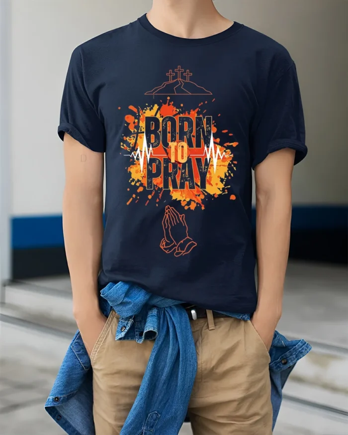 Born to Pray Christian Faith Graphic T-Shirt - model wearing navy shirt, hands in pockets