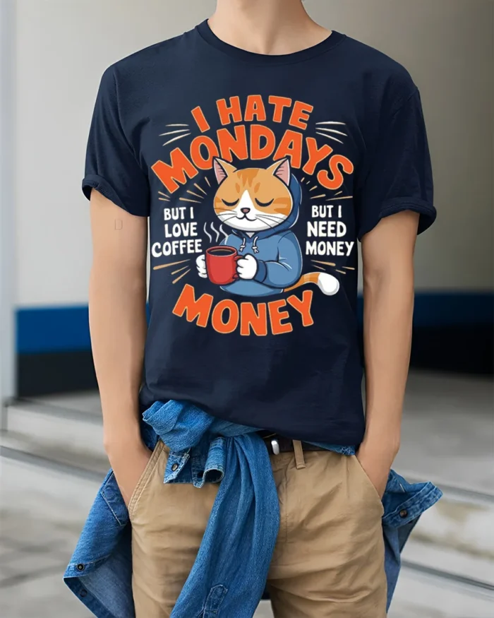 Funny Cat Coffee Monday Graphic T-Shirt - model wearing navy shirt, hands in pockets