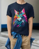 Psychedelic Colorful Cat Face Graphic T-Shirt - model wearing navy shirt, hands in pockets