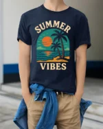 Retro Summer Vibes Sunset Beach Graphic T-Shirt - model wearing navy shirt, hands in pockets