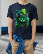 Steampunk Neon Cat Artistic Graphic T-Shirt - model wearing navy shirt, hands in pockets