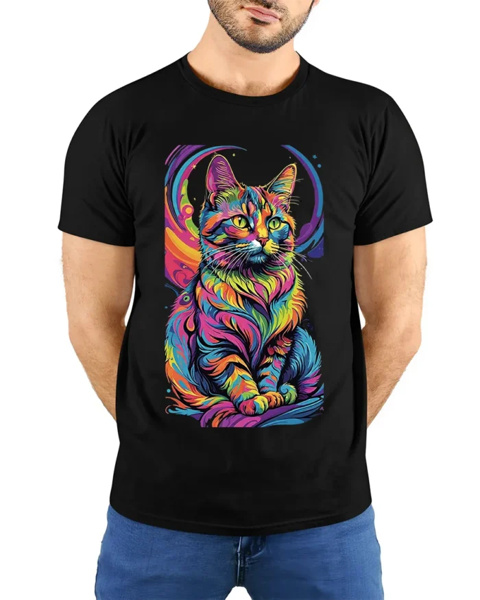 Psychedelic Rainbow Cat Art Graphic T-Shirt - model wearing black shirt, hands behind back