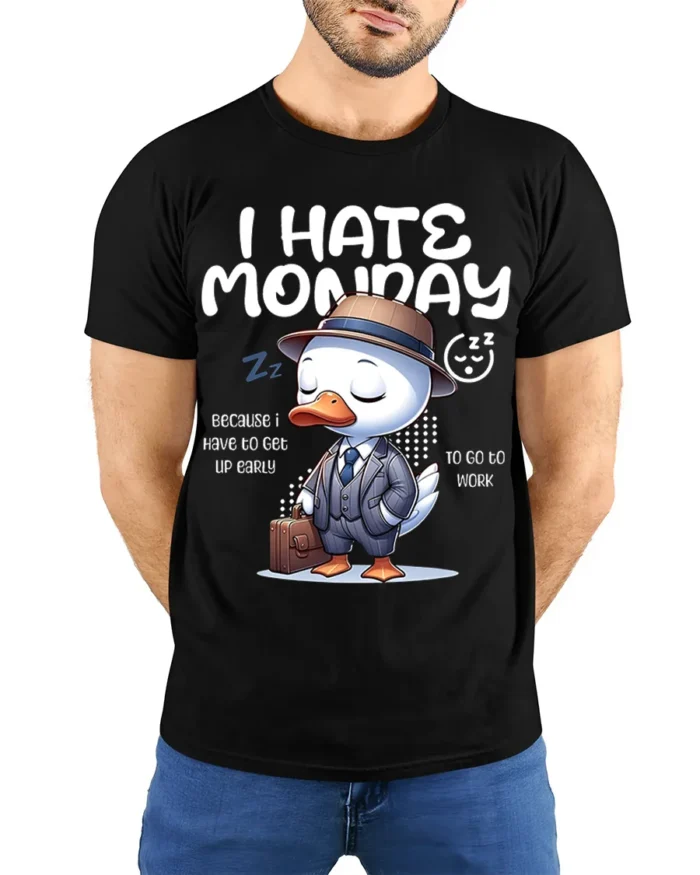 Funny Duck I Hate Monday Work Graphic T-Shirt - model wearing black shirt, hands behind back