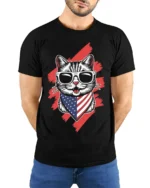 Patriotic American Flag Cat Graphic T-Shirt - model wearing black shirt, hands behind back