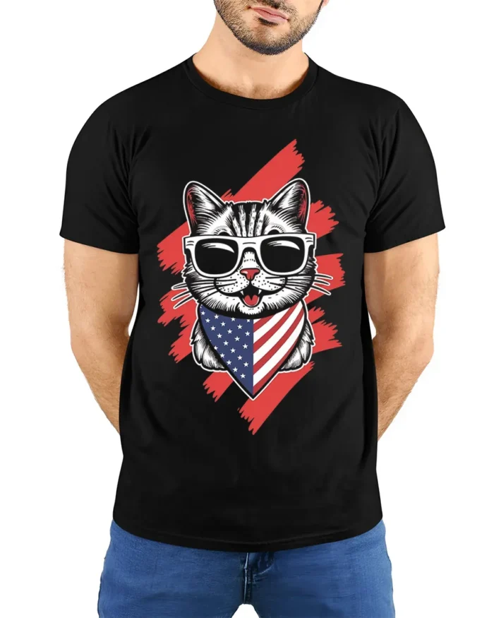 Patriotic American Flag Cat Graphic T-Shirt - model wearing black shirt, hands behind back