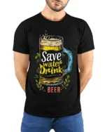 Save Water Drink Beer Funny Graphic T-Shirt - model wearing black shirt, hands behind back