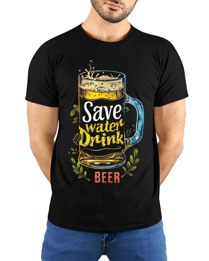 Save Water Drink Beer Funny Graphic T-Shirt - model wearing black shirt, hands behind back