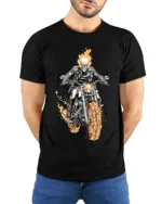 Flaming Skull Rider Motorcycle Graphic T-Shirt - model wearing black shirt, hands behind back