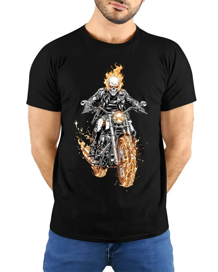 Flaming Skull Rider Motorcycle Graphic T-Shirt - model wearing black shirt, hands behind back