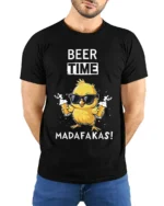Beer Time Funny Chick Drinking Graphic T-Shirt - model wearing black shirt, hands behind back