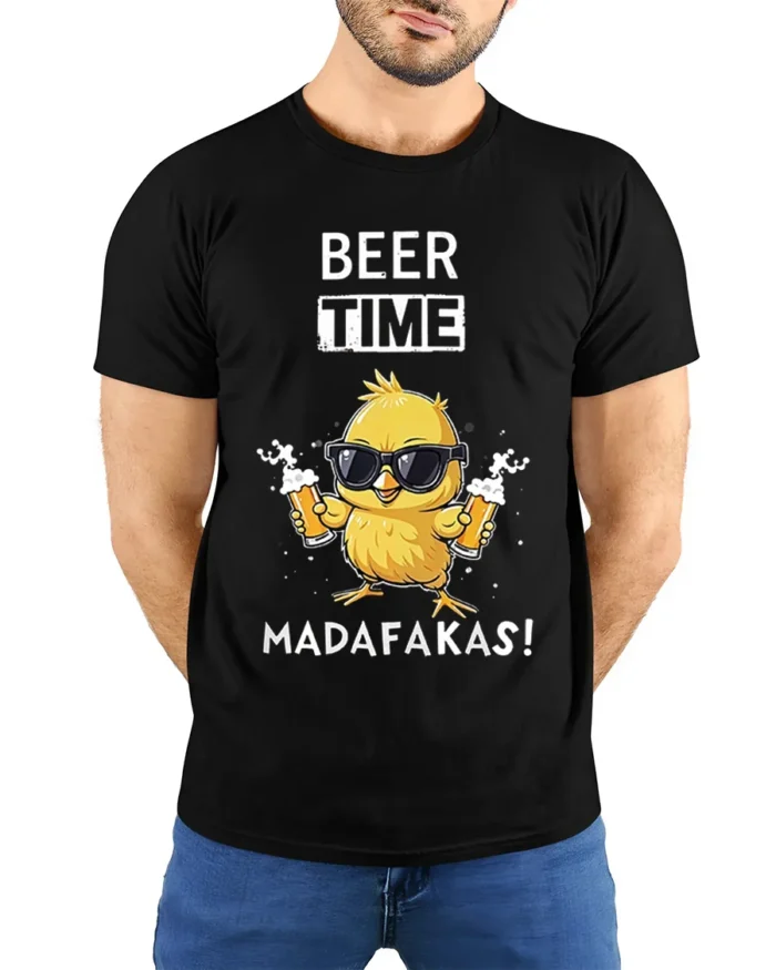 Beer Time Funny Chick Drinking Graphic T-Shirt - model wearing black shirt, hands behind back