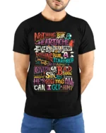 Colorful Retro Typography Graphic Quote T-Shirt - model wearing black shirt, hands behind back