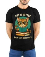 Life Is Better With Cats And Books T-Shirt - model wearing black shirt, hands behind back