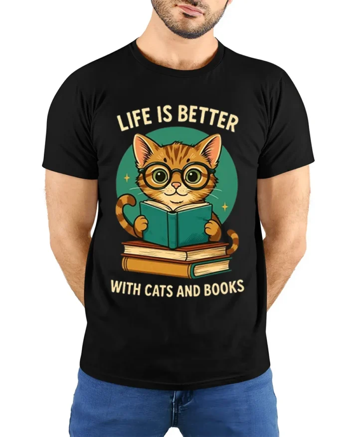 Life Is Better With Cats And Books T-Shirt - model wearing black shirt, hands behind back