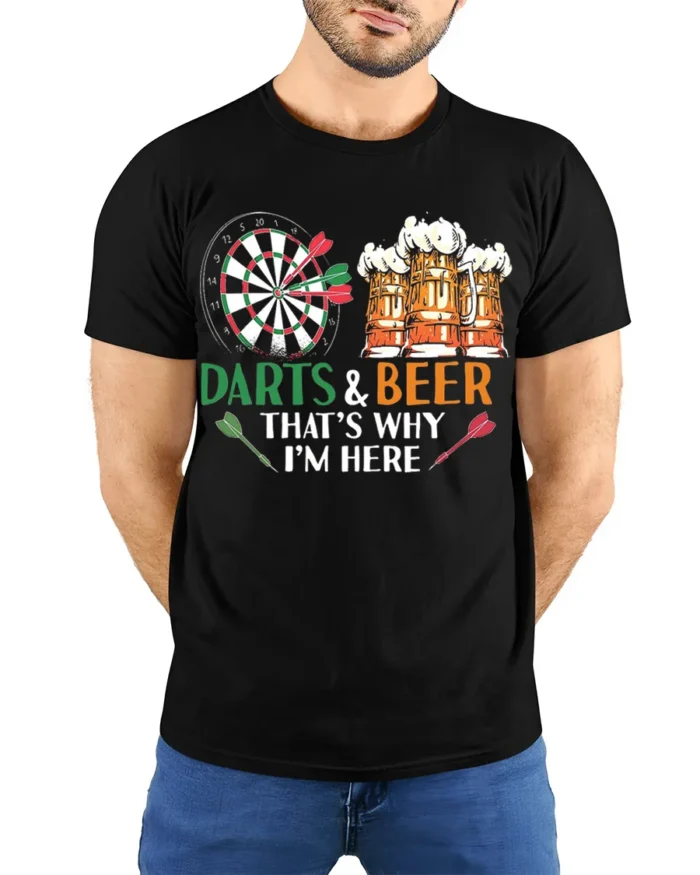 Darts and Beer Funny Pub Night Graphic T-Shirt - model wearing black shirt, hands behind back