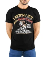 Funny Dog I Fetch Lies With Bacon Scent T-Shirt - model wearing black shirt, hands behind back