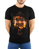 Born to Pray Christian Faith Graphic T-Shirt - model wearing black shirt, hands behind back