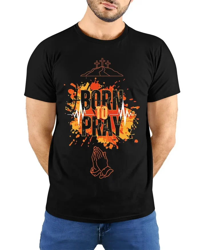 Born to Pray Christian Faith Graphic T-Shirt - model wearing black shirt, hands behind back
