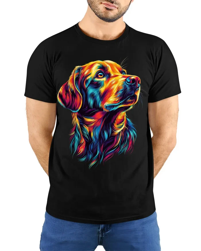 Psychedelic Labrador Dog Art Graphic T-Shirt - model wearing black shirt, hands behind back