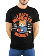 Funny Cat Coffee Monday Graphic T-Shirt - model wearing black shirt, hands behind back