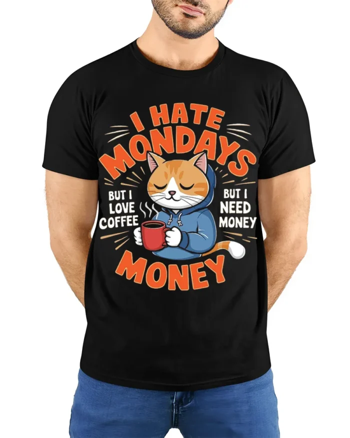 Funny Cat Coffee Monday Graphic T-Shirt - model wearing black shirt, hands behind back