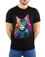 Psychedelic Colorful Cat Face Graphic T-Shirt - model wearing black shirt, hands behind back