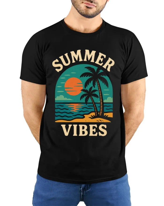 Retro Summer Vibes Sunset Beach Graphic T-Shirt - model wearing black shirt, hands behind back