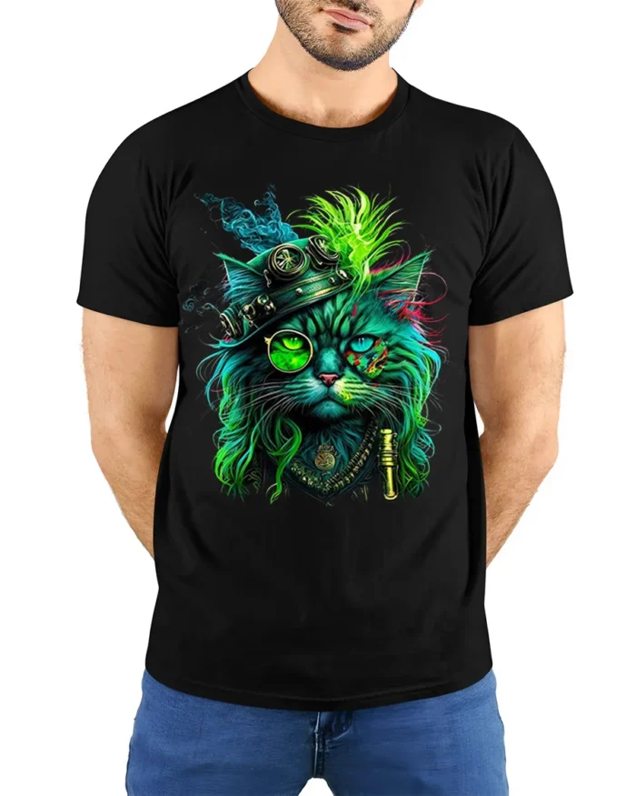 Steampunk Neon Cat Artistic Graphic T-Shirt - model wearing black shirt, hands behind back