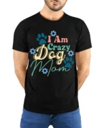 Funny Crazy Dog Mom Paw Print Graphic T-Shirt - model wearing black shirt, hands behind back