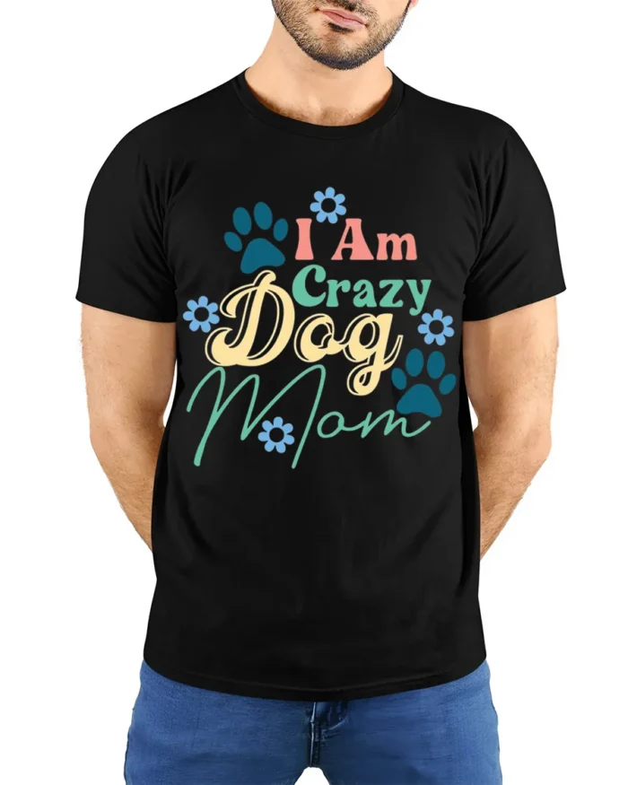 Funny Crazy Dog Mom Paw Print Graphic T-Shirt - model wearing black shirt, hands behind back
