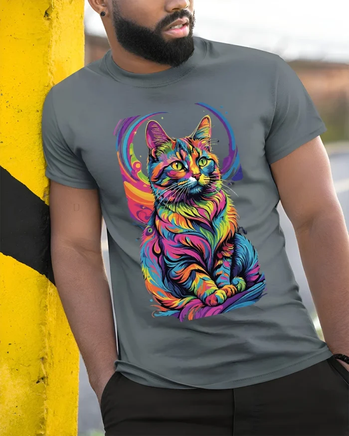 Psychedelic Rainbow Cat Art Graphic T-Shirt - model in grey shirt leaning against column