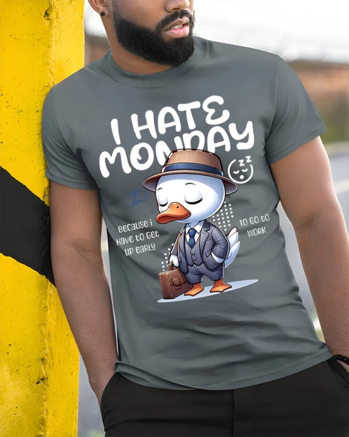 Funny Duck I Hate Monday Work Graphic T-Shirt - model in grey shirt leaning against column