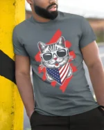 Patriotic American Flag Cat Graphic T-Shirt - model in grey shirt leaning against column