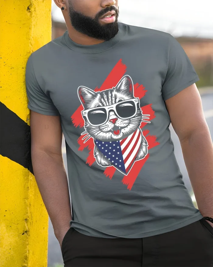 Patriotic American Flag Cat Graphic T-Shirt - model in grey shirt leaning against column