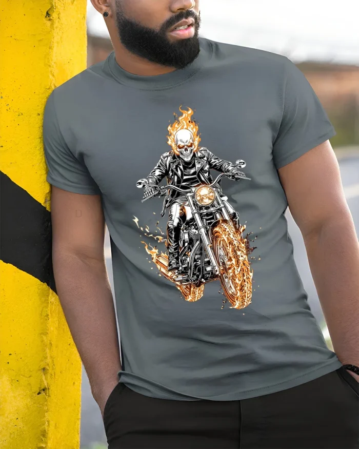 Flaming Skull Rider Motorcycle Graphic T-Shirt - model in grey shirt leaning against column