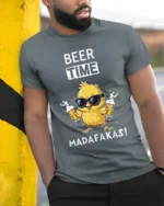 Beer Time Funny Chick Drinking Graphic T-Shirt - model in grey shirt leaning against column