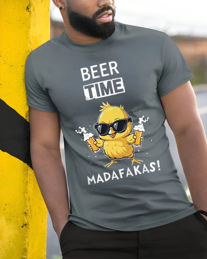 Beer Time Funny Chick Drinking Graphic T-Shirt - model in grey shirt leaning against column