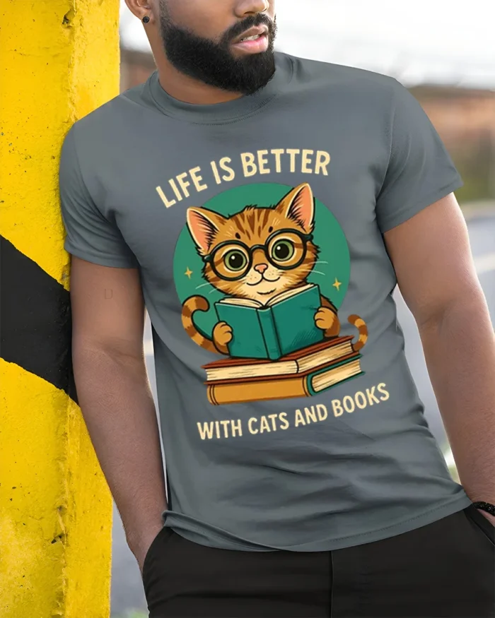 Life Is Better With Cats And Books T-Shirt - model in grey shirt leaning against column