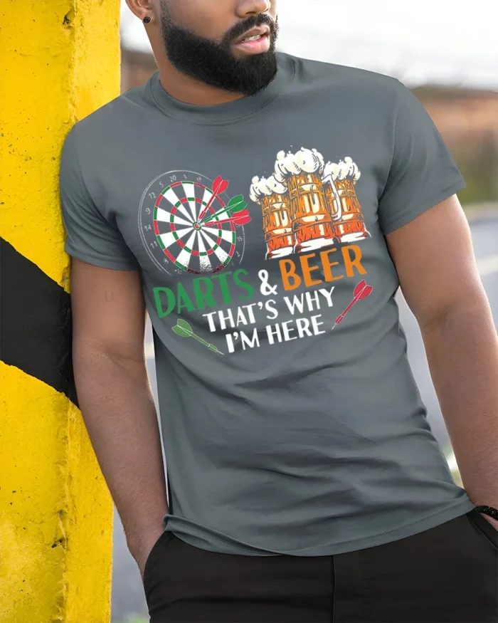 Darts and Beer Funny Pub Night Graphic T-Shirt - model in grey shirt leaning against column