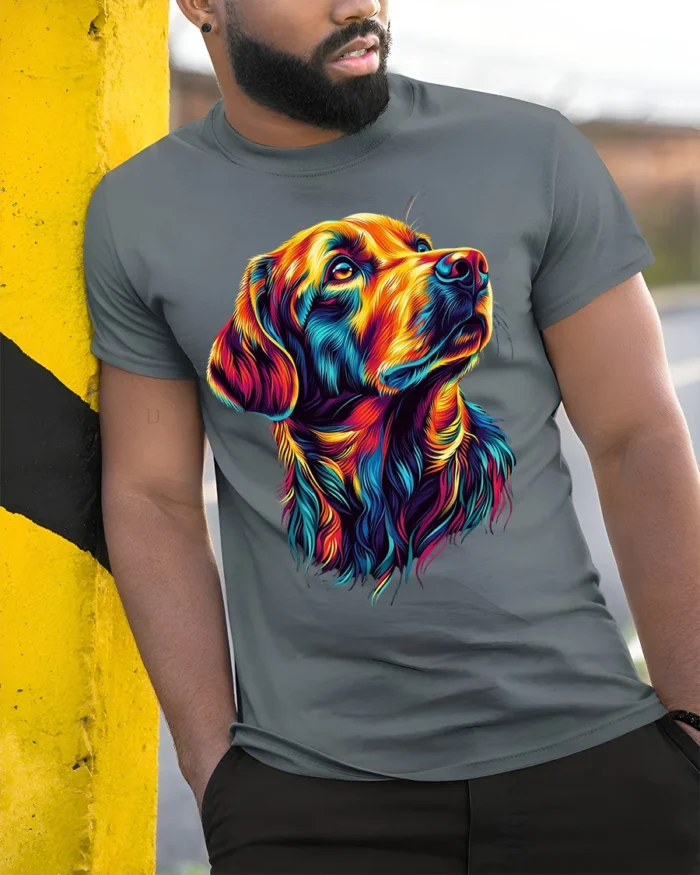 Psychedelic Labrador Dog Art Graphic T-Shirt - model in grey shirt leaning against column